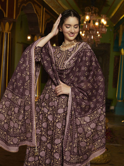 Dhiyona SN Women's Purple Floral Printed Pure Cotton Anarkali Kurta & Trouser With Dupatta