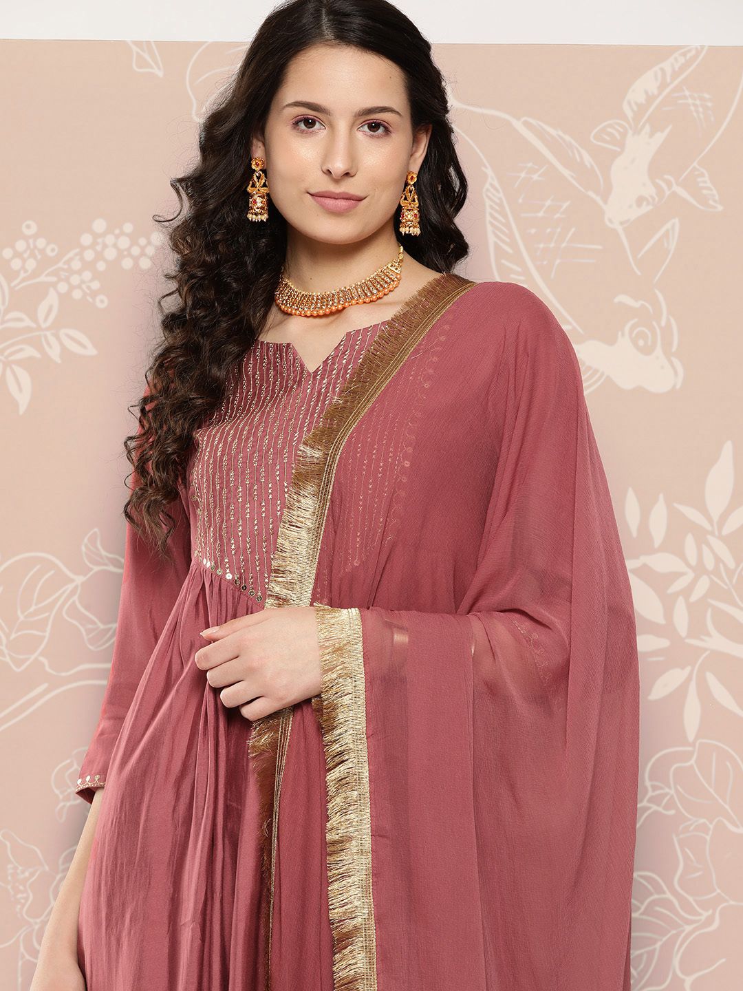 Dhiyona VA Women's Embroidered Empire Kurta with Trousers & With Dupatta