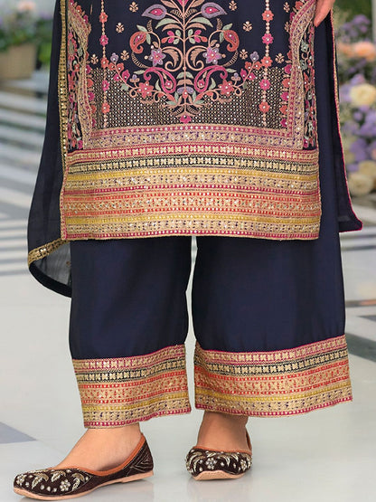 Floral Embroidered Round Neck Sequinned Straight Kurta With Palazzos & Dupatta