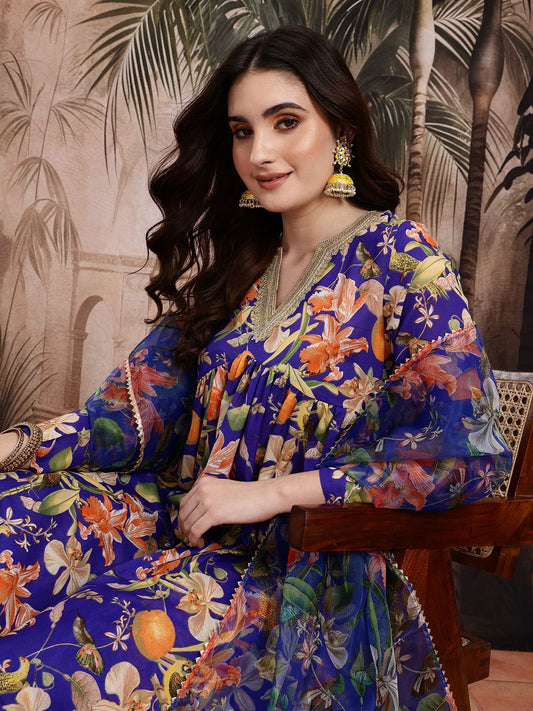 Dhiyona SN Women's Floral Print Empire Kurta with Sharara & Dupatta