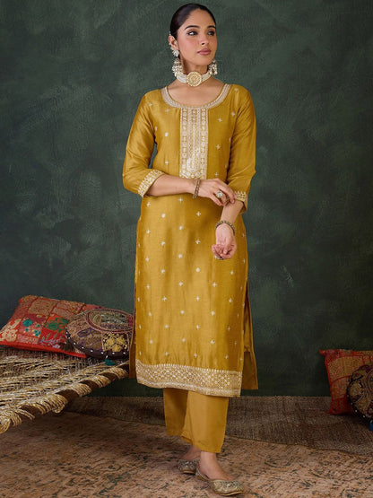 Women Embroidered Regular Sequinned Kurta with Trousers & Dupatta