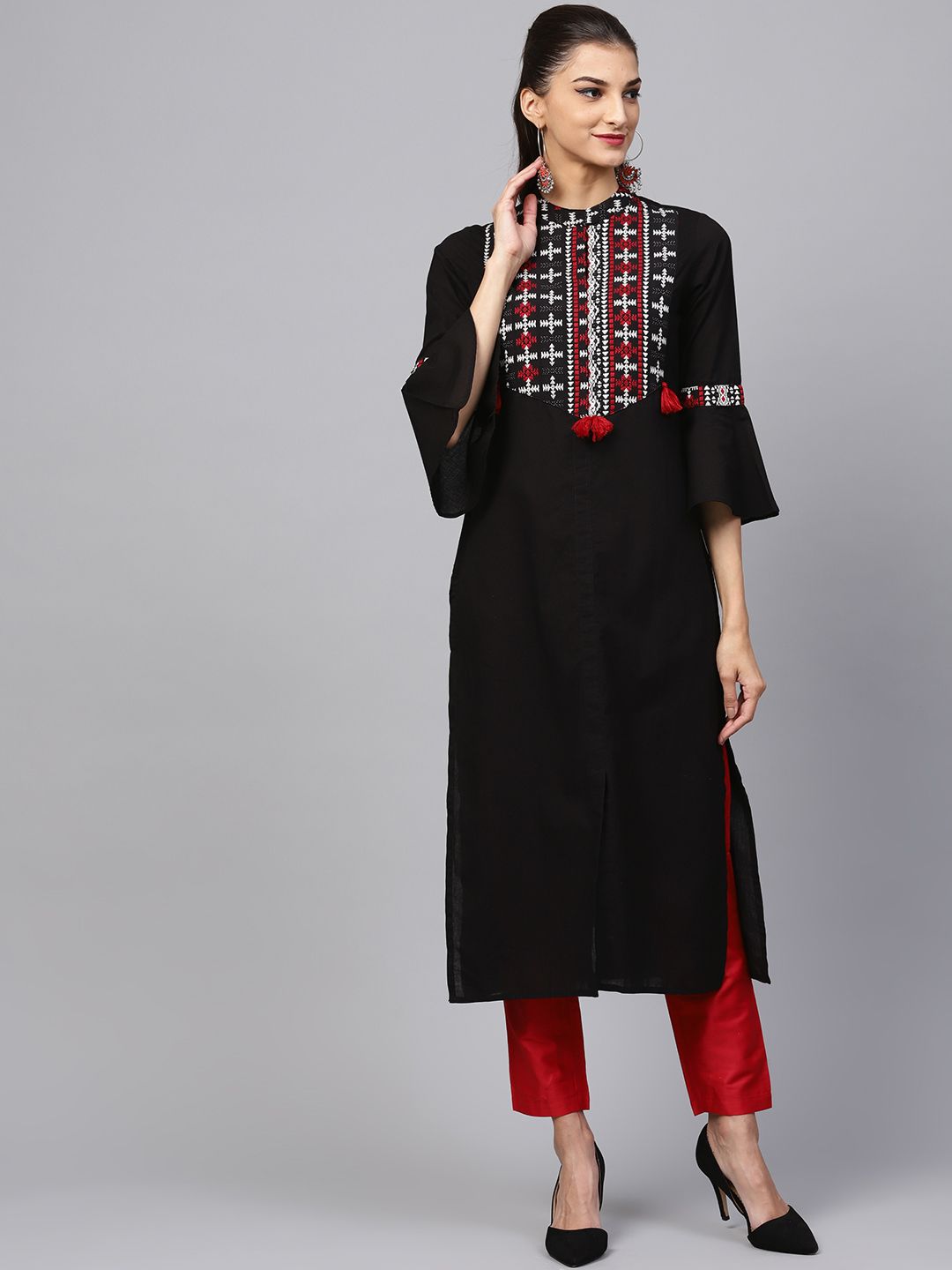 Dhiyona IE Women Black & Maroon Yoke Design Straight Kurta