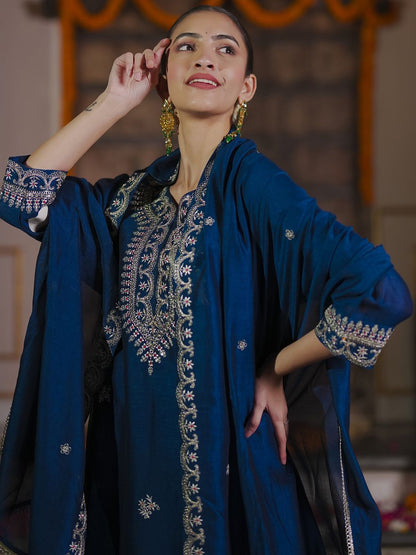 Dhiyona IE Women Ethnic Motifs Embroidered Regular Kurta with Trousers & With Dupatta