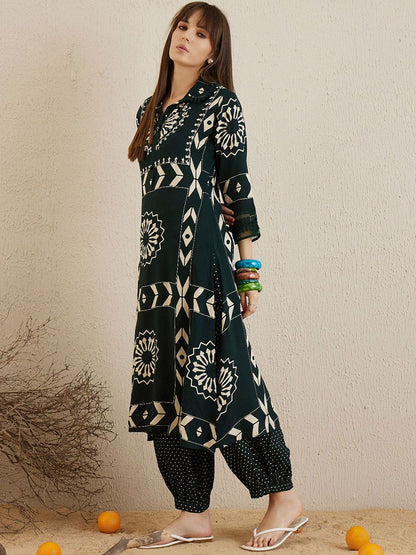 Dhiyona IE Printed Three-Quarter Sleeves A-Line Tunic With Trouser