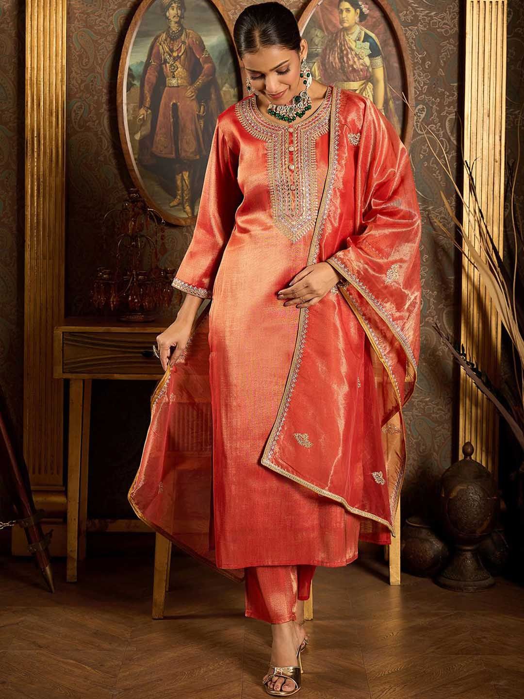 Dhiyona IE Ethnic Motifs Embroidered Zari Liva Kurta With Trousers & Dupatta