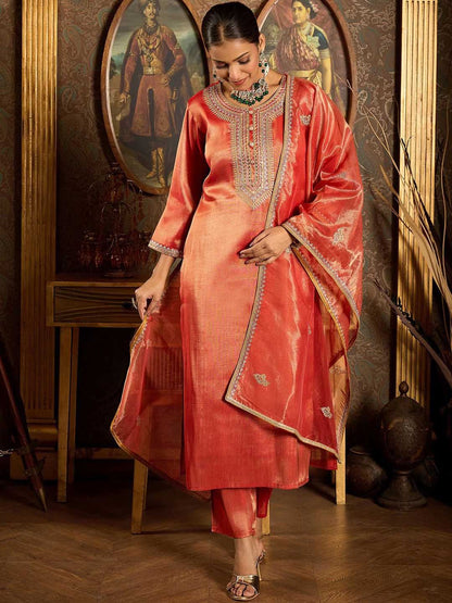 Dhiyona IE Ethnic Motifs Embroidered Zari Liva Kurta With Trousers & Dupatta