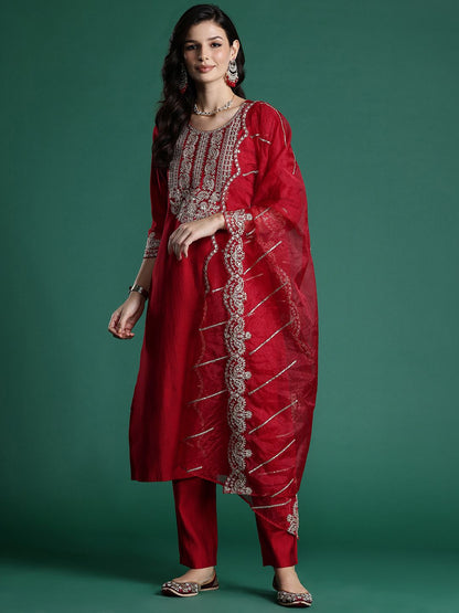Dhiyona IE Ethnic Motifs Embroidered Sequinned Liva Kurta With Trousers & Dupatta