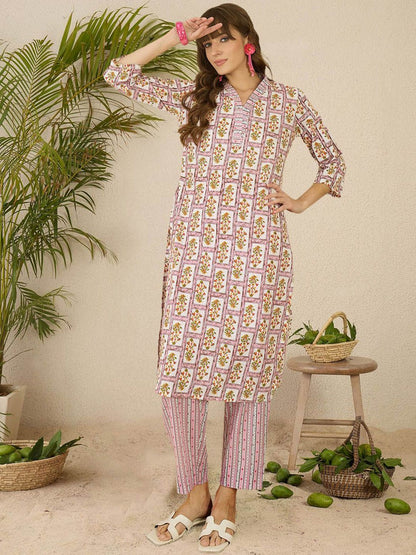 Dhiyona IE Printed Pure Cotton Straight Tunic & Trousers Co-Ord Set