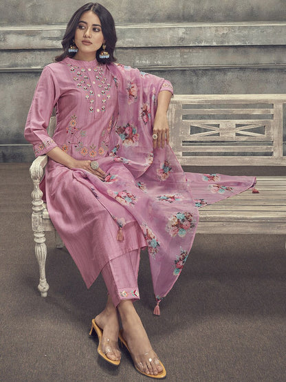 Pink Floral Embroidered Kurta & Trousers With Dupatta