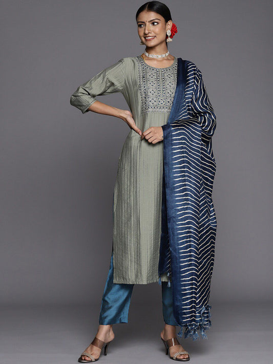 Dhiyona VA Women's Green & Navy Blue Floral Embroidered Kurta with Trousers & Dupatta