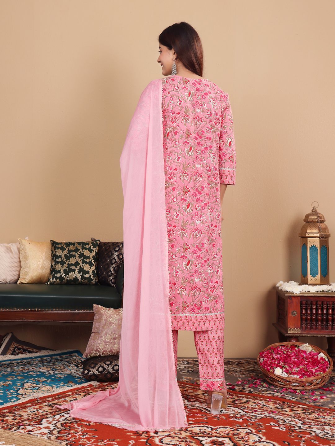 Dhiyona VA Women'sPink Floral Printed Pure Cotton Kurta with Trousers & With Dupatta