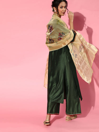 Green Silk Blend Calf Length Kurta Set