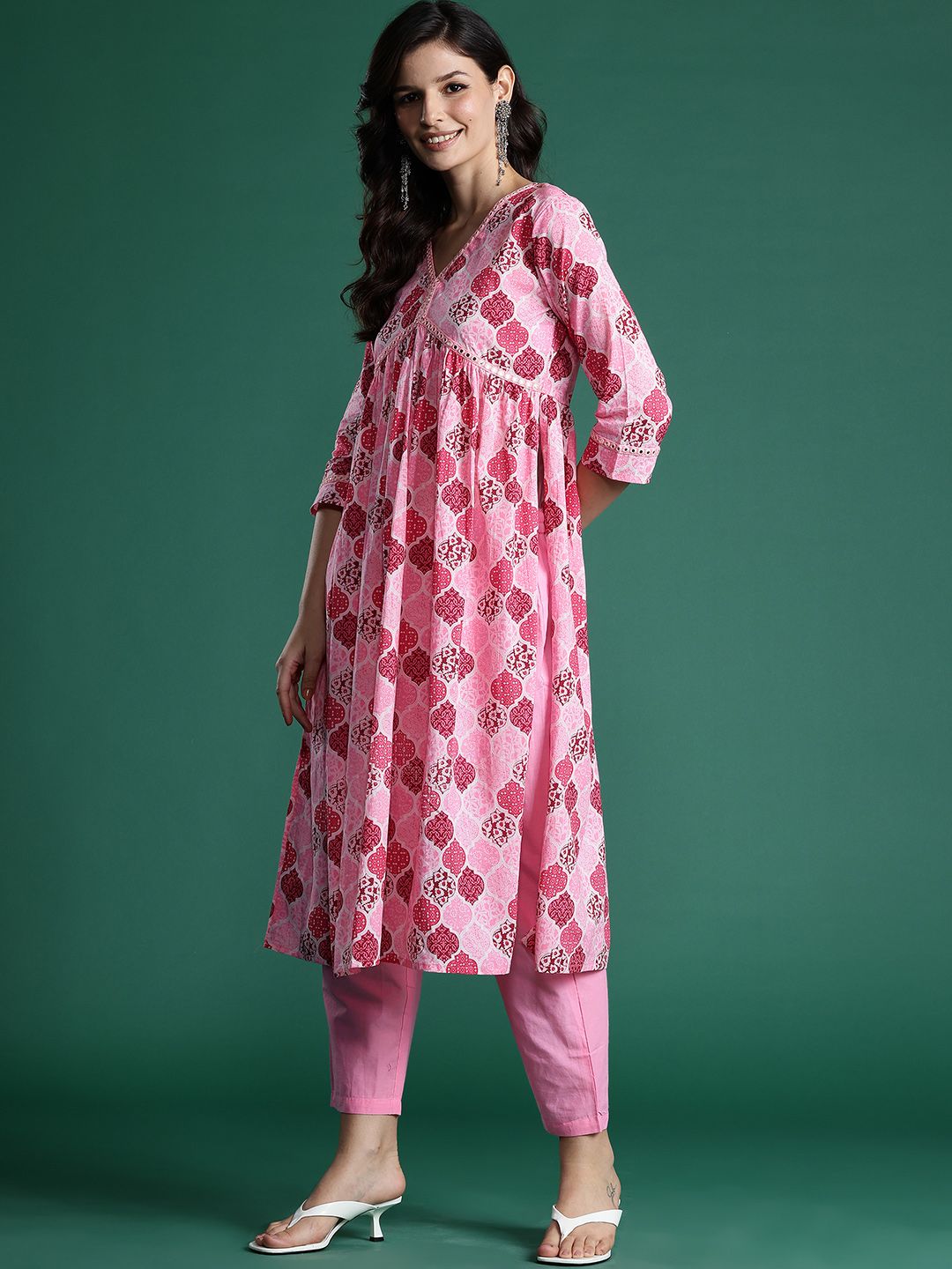 Printed Empire Mirror Work Pure Cotton Kurta With Trousers & Dupatta