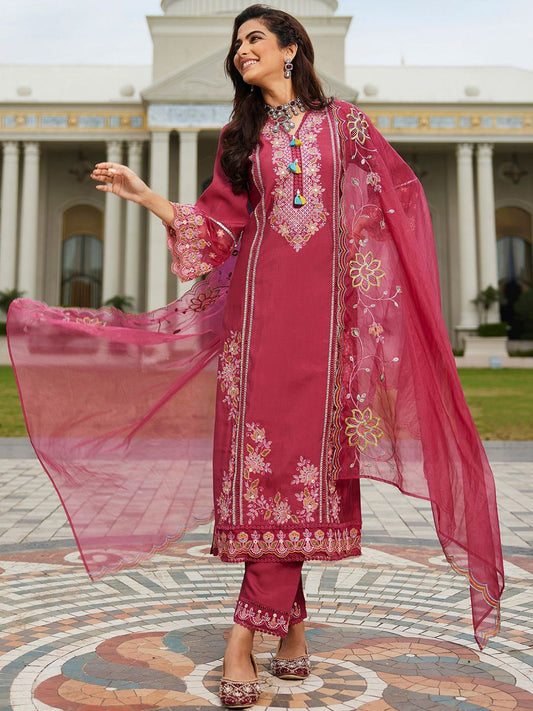 Women Floral Embroidered Regular Thread Work Kurta with Trousers & With Dupatta