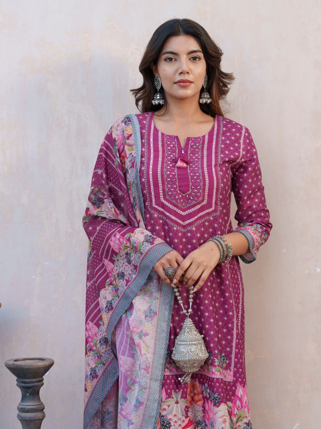 Dhiyona SN Women's Floral Printed Straight Kurta With Trousers And Dupatta