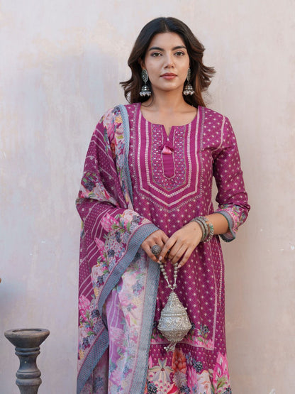 Dhiyona SN Women's Floral Printed Straight Kurta With Trousers And Dupatta