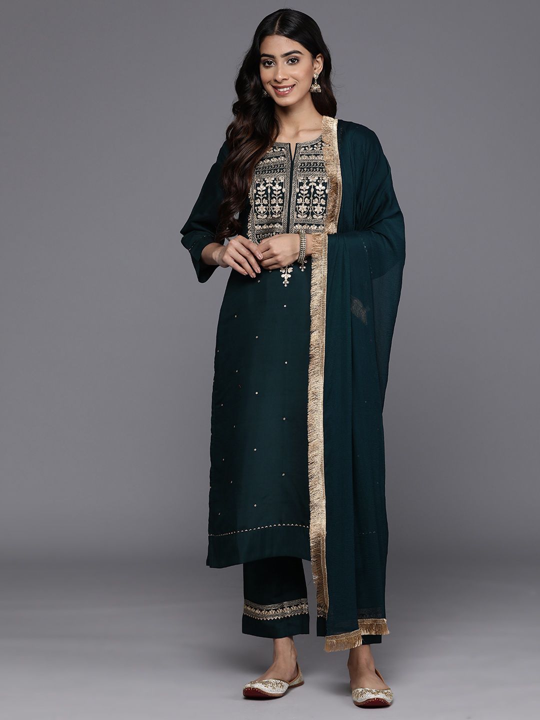 Dhiyona VA Women'sFloral Yoke Design Regular Kurta with Trousers & With Dupatta