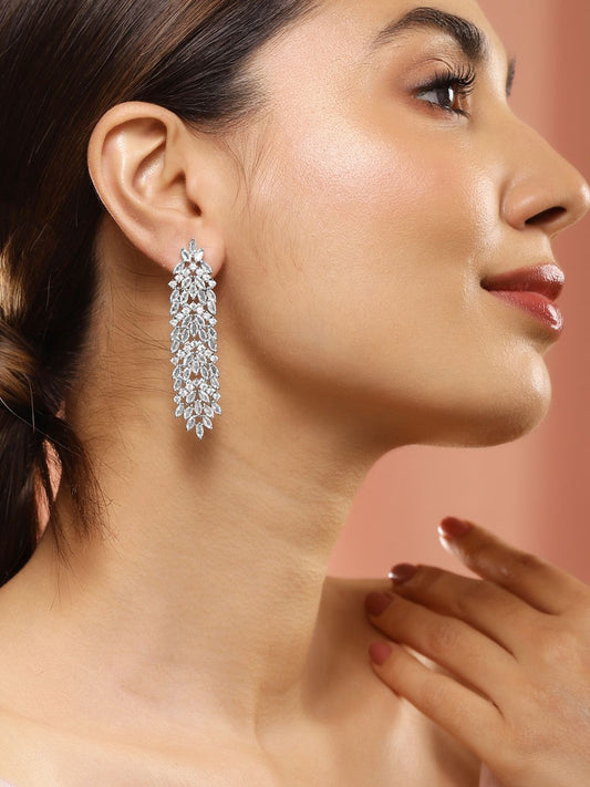 Dhiyona RJ Women's Silver-Plated AAA Cubic Zirconia Studded Premium Long Drop Earrings