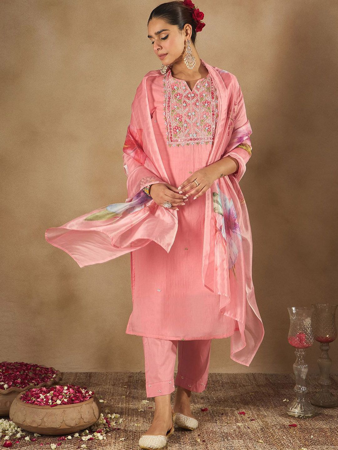 Dhiyona IE Women Floral Embroidered Thread Work Pure Cotton Kurta with Trousers & Dupatta