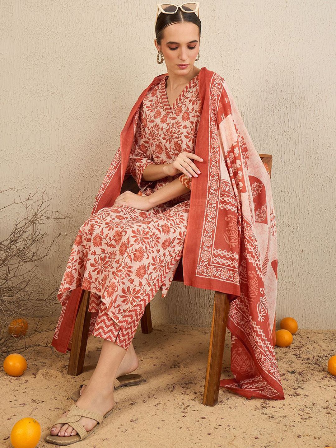 Dhiyona IE Floral Printed Gotta Patti Pure Cotton Straight Kurta With Trousers & Dupatta
