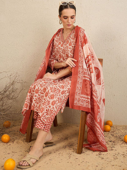 Dhiyona IE Floral Printed Gotta Patti Pure Cotton Straight Kurta With Trousers & Dupatta