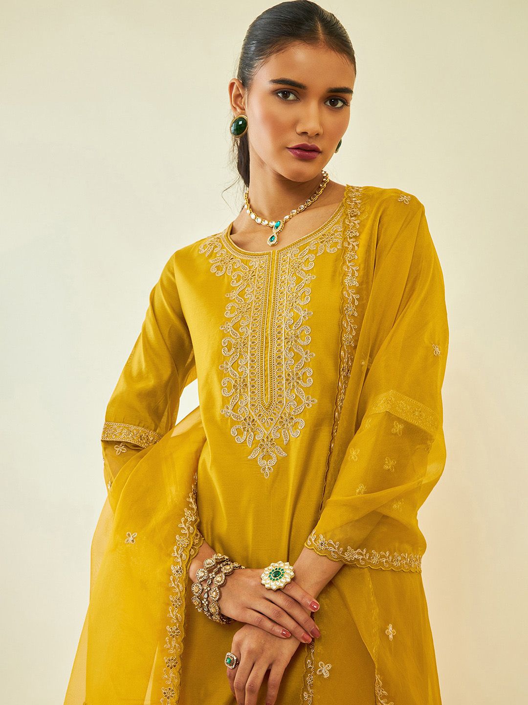 Dhiyona SO Women's Ethnic Motifs Embroidered Regular Sequinned Straight Kurta With Trousers & Dupatta