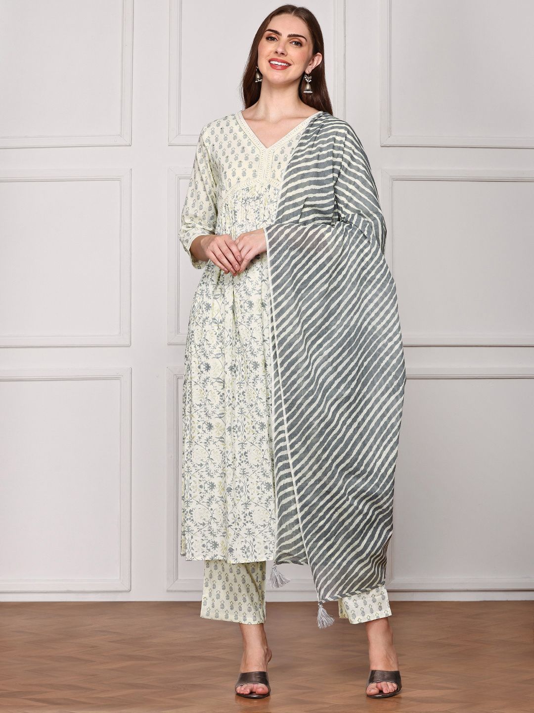 Dhiyona IS Women's Ethnic Motifs Printed V-Neck Pure Cotton Anarkali Kurta with Trousers & Dupatta