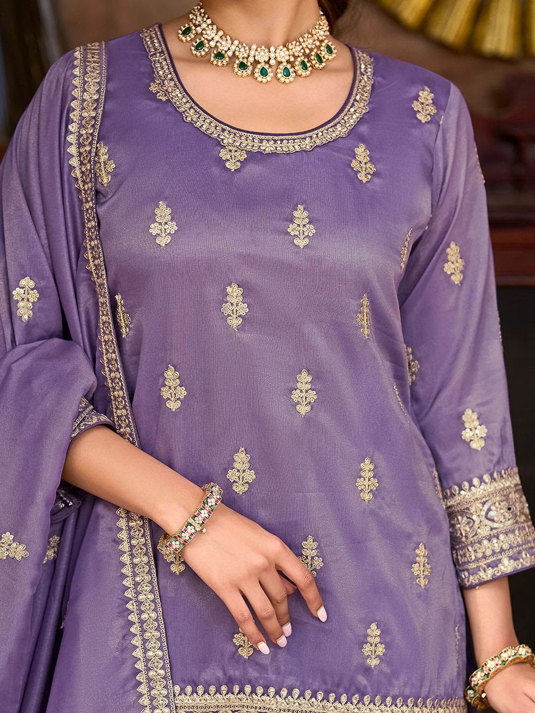 Ethnic Motifs Embroidered Round Neck Zari Straight Kurta & Palazzos With Dupatta