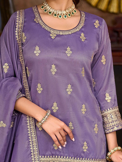 Ethnic Motifs Embroidered Round Neck Zari Straight Kurta & Palazzos With Dupatta