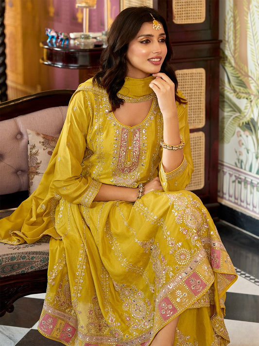 Dhiyona IE Floral Embroidered Mirror Work Round Neck Anarkali Kurta With Palazzos & Dupatta