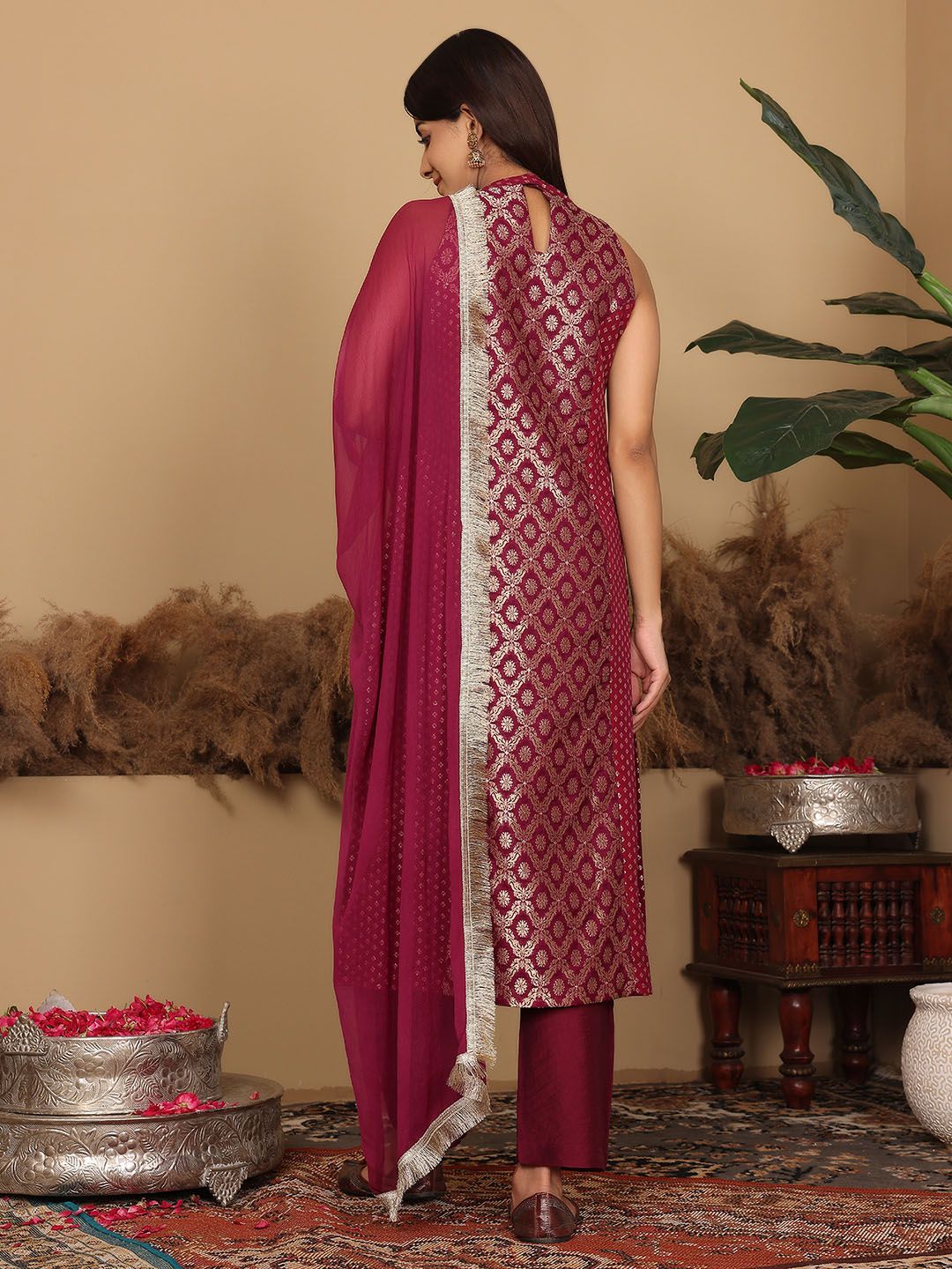 Dhiyona VA Women's Brocade Princess cut A Line Halter Neck Kurta with Trouser & Dupatta