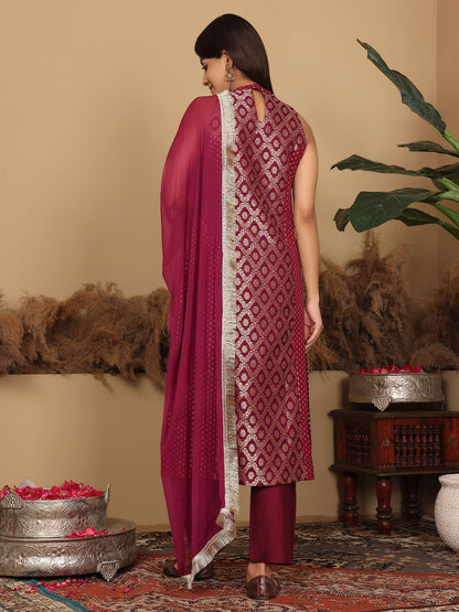 Dhiyona VA Women's Brocade Princess cut A Line Halter Neck Kurta with Trouser & Dupatta