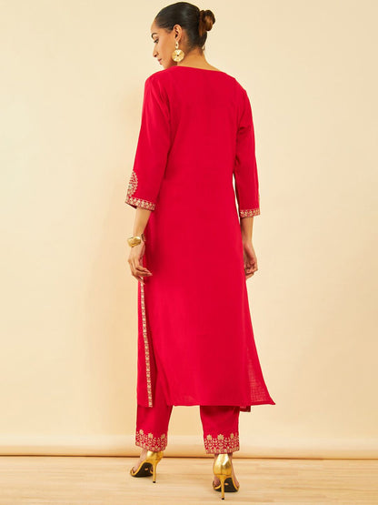 Dhiyona SO Women's Red Ethnic Motifs Embroidered Regular Mirror Work Kurta With Trousers