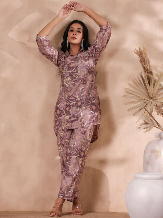 Dhiyona IS Women's Floral Printed Shirt Collar Puff Sleeve Beads and Stones Silk Blend Kurta Set