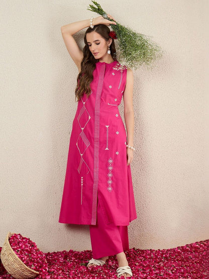 Women Embroidered Regular Thread Work Pure Cotton Kurta with Trousers