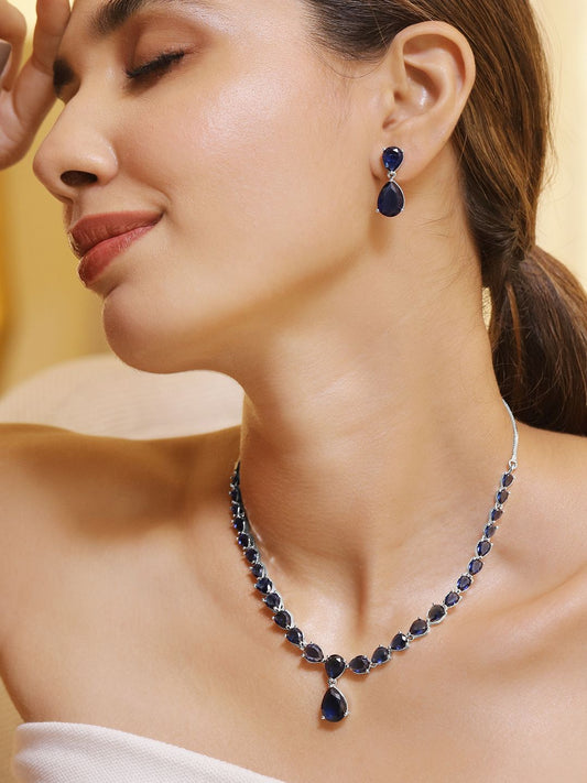 Dhiyona RJ Women's Rhodium Plated Blue Sapphire & Cubic Zirconia Studded Jewellery Set