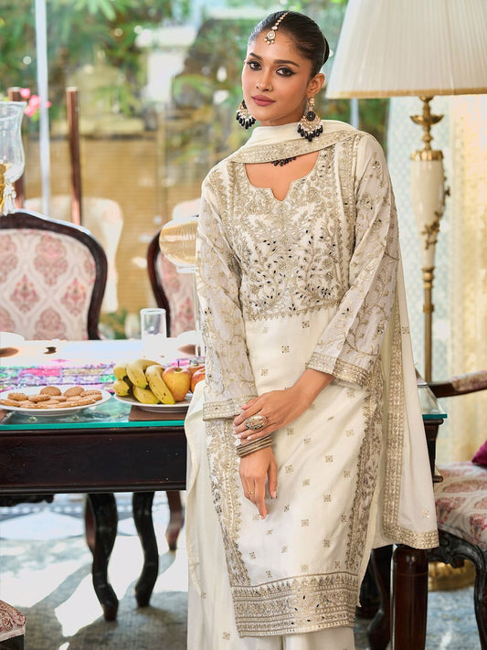 Dhiyona IE Floral Embroidered Notch Neck Mirror Work Straight Kurta With Palazzos & Dupatta