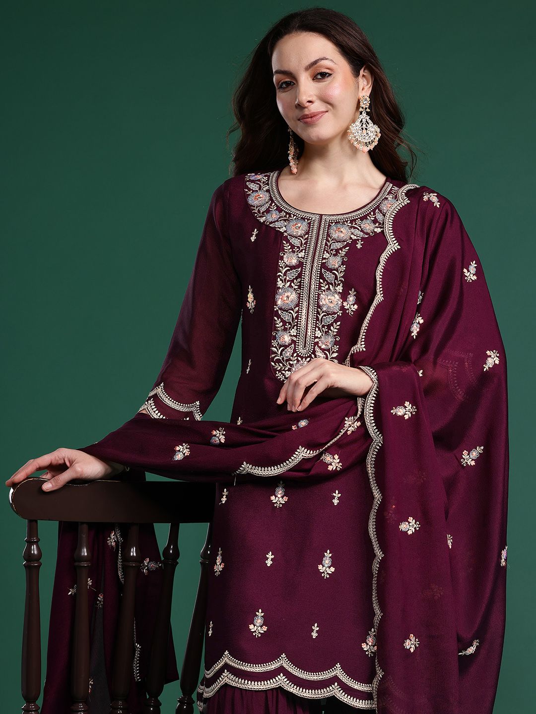 Dhiyona IE Ethnic Motifs Embroidered Regular Sequinned Kurta with Sharara & With Dupatta