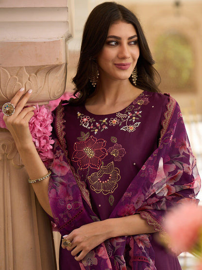 Dhiyona IE Floral Embroidered Regular Thread Work Kurta With Trousers & Dupatta