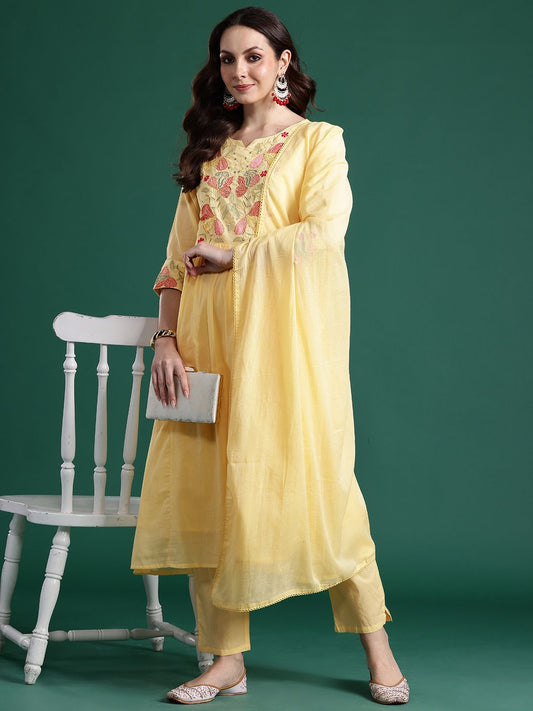 Floral Embroidered Pure Cotton Kurta with Trousers & Dupatta