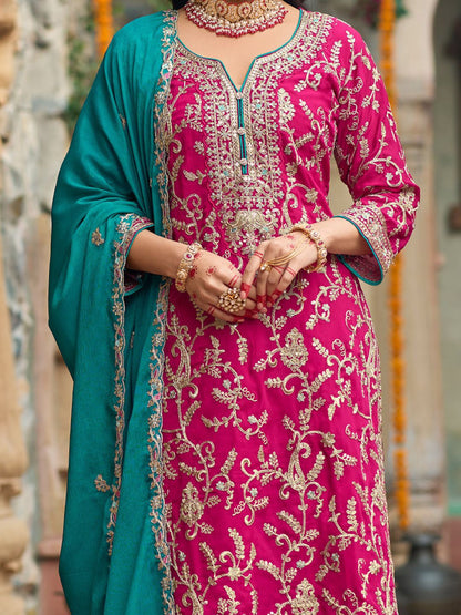 Zari Ethnic Motifs Embroidered Notch Neck Straight Kurta With Trousers & Dupatta