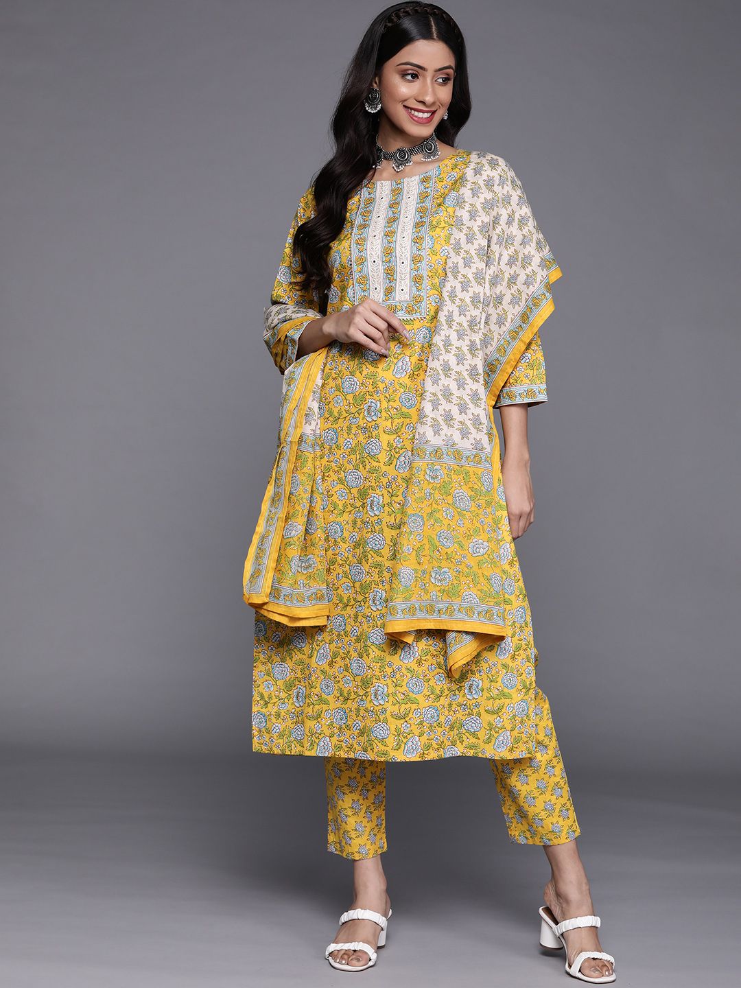 Dhiyona VA Women's Yellow Floral Printed Pure Cotton Kurta with Trousers & With Dupatta