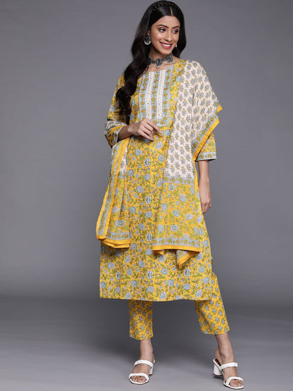 Dhiyona VA Women's Yellow Floral Printed Pure Cotton Kurta with Trousers & With Dupatta