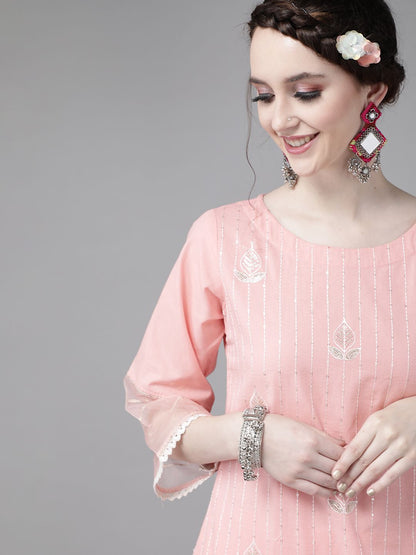Women Pink Pure Cotton Ethnic Motifs Sequinned Kurta with Trousers & Dupatta