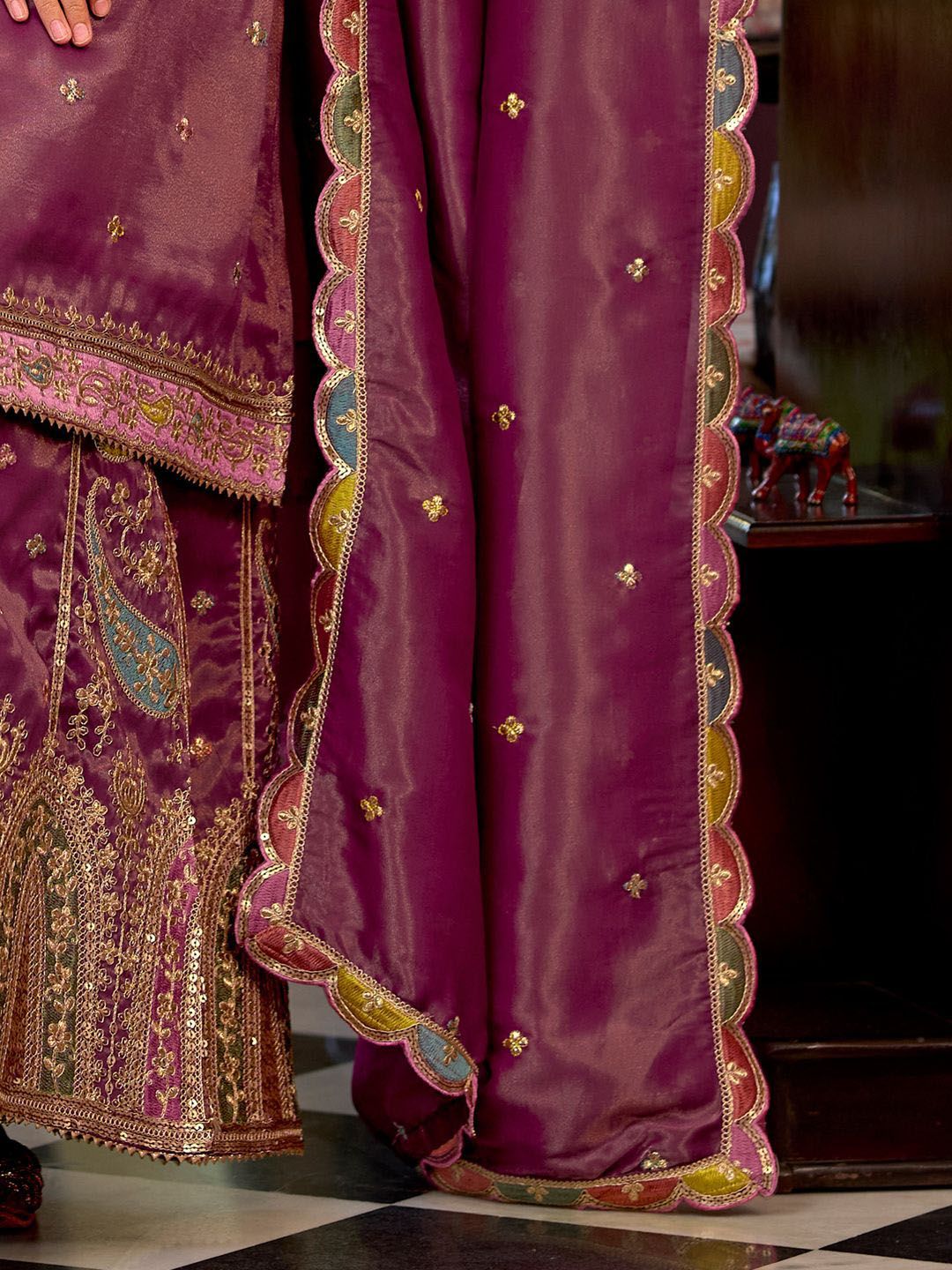 Floral Embroidered Sequinned Straight Kurta With Palazzos & Dupatta
