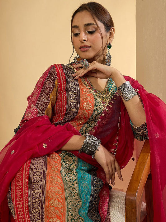 Women Ethnic Motifs Embroidered Thread Work Kurta with Palazzos & With Dupatta