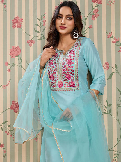 Dhiyona OD  Floral Embroidered Notch Neck Kurta With Trousers And Dupatta