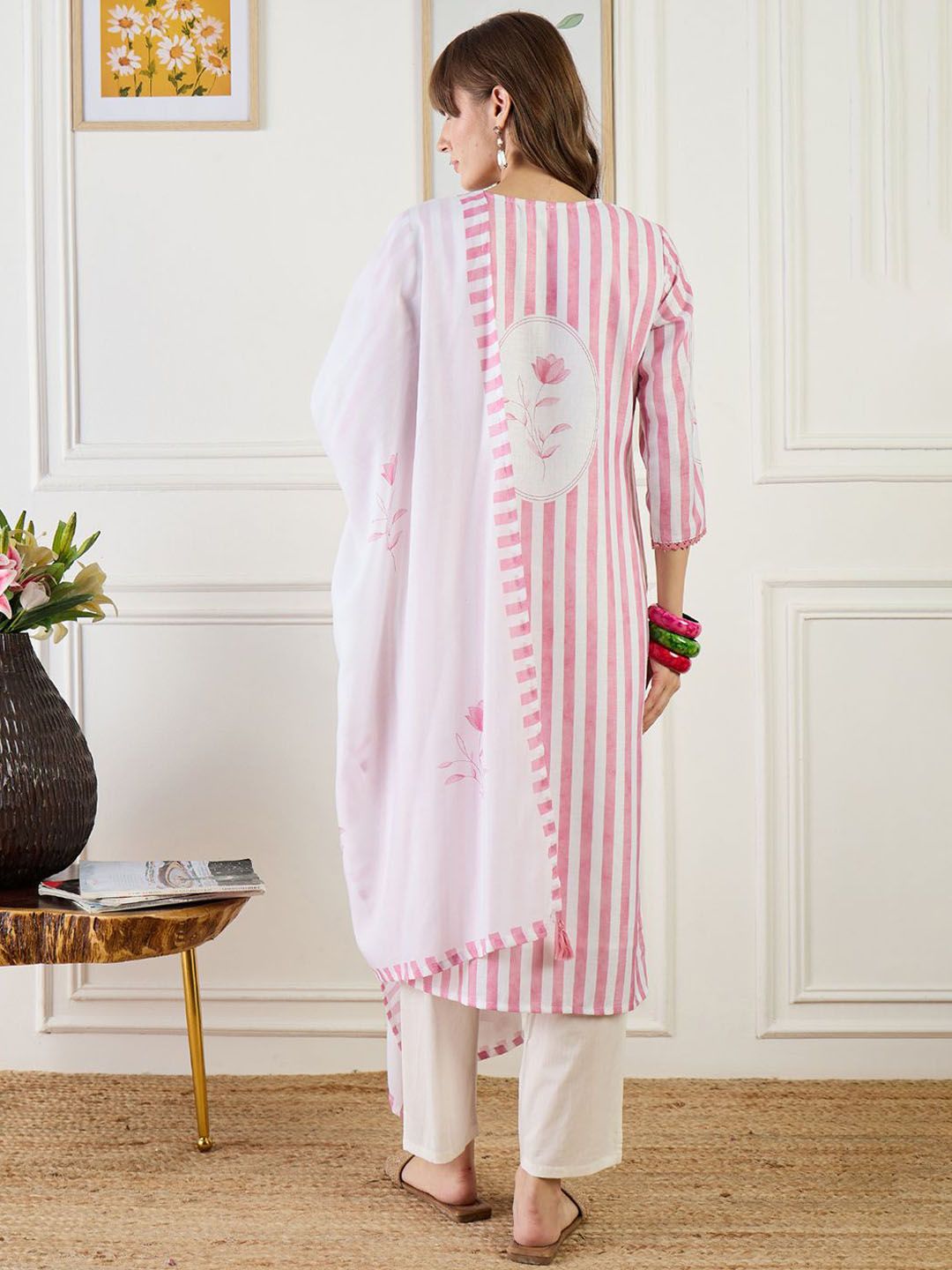 Striped Straight Kurta With Trouser & Dupatta