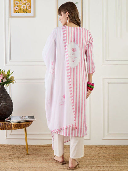 Striped Straight Kurta With Trouser & Dupatta