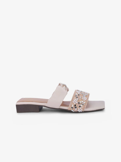 Dhiyona AK Cream-Coloured Embellished Ethnic Open Toe Flats